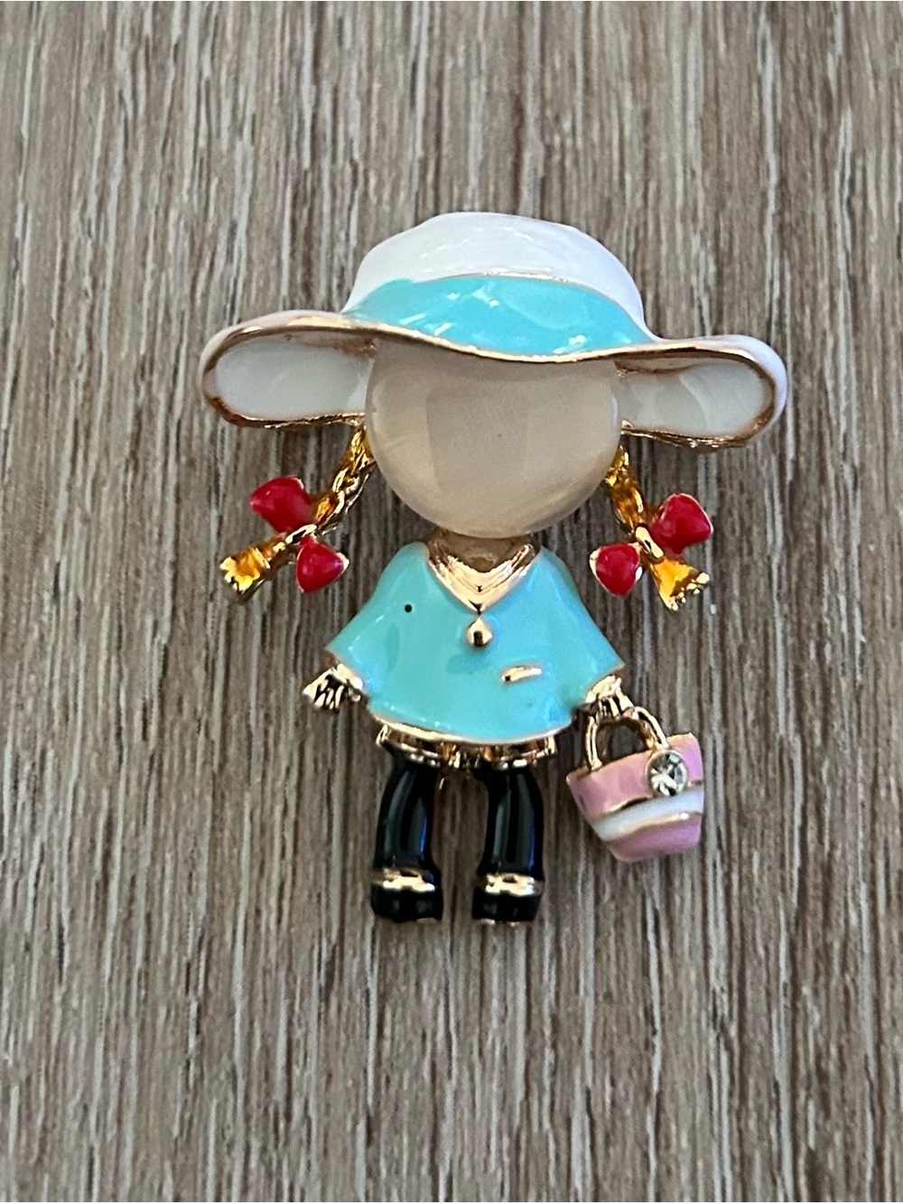 Blue and Gold Little Girl Brooch with Blue Hat